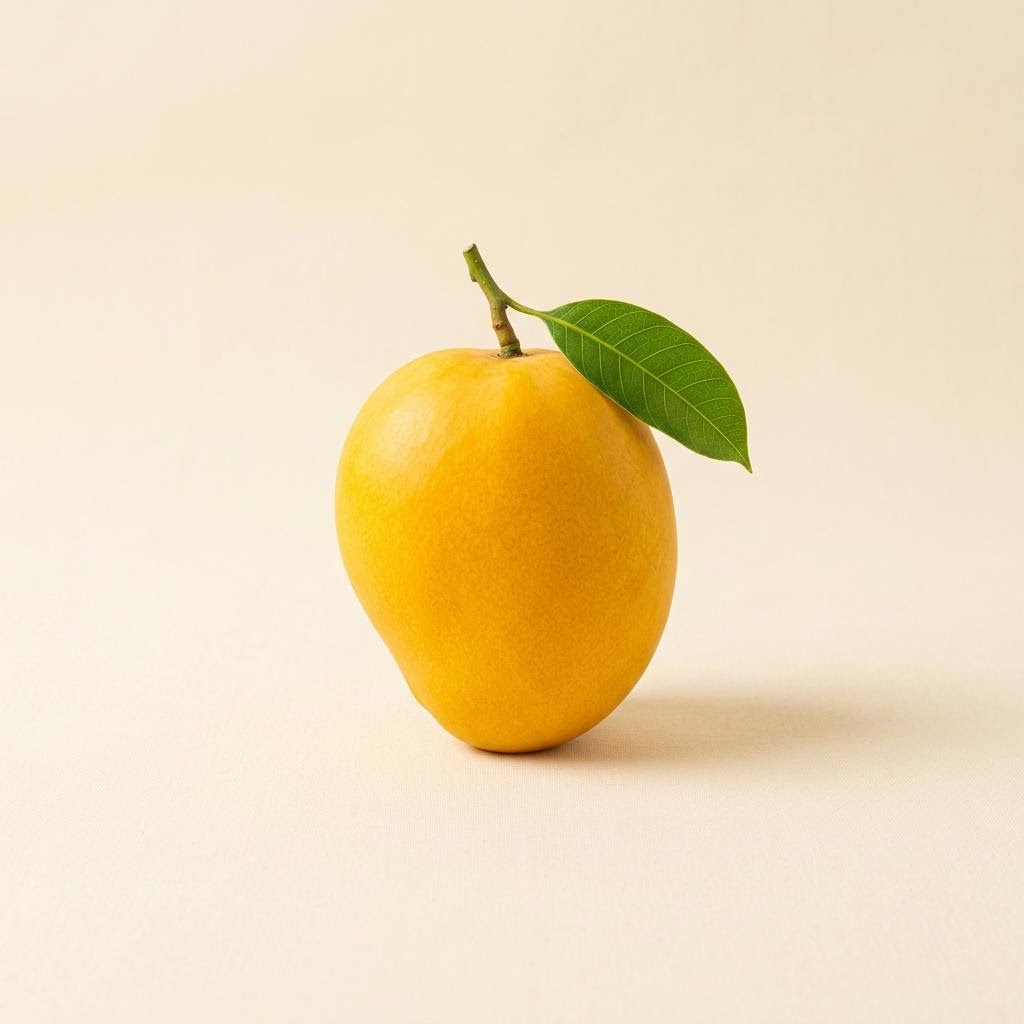 A ripe golden mango with a green leaf